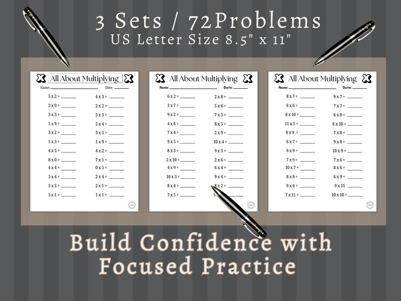 May include: Three sets of multiplication worksheets, each with the title "All About Multiplying." The worksheets are US Letter size, 8.5" x 11", and feature 72 problems. The text "Build Confidence with Focused Practice" is also visible.