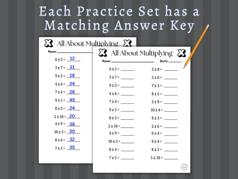 May include: Two worksheets titled "All About Multiplying" with multiplication problems and answer blanks. The text "Each Practice Set has a Matching Answer Key" is at the top. A pencil is in the upper right corner.