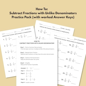 Paquete de práctica para restar fracciones con distinto denominador / Guía paso a paso con soluciones resueltas / PDF imprimible