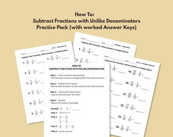 Subtract Fractions with Unlike Denominators Practice Pack | Step-by-Step Guide with Worked Solutions | Printable PDF