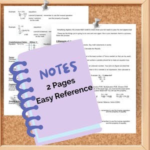 以下が含まれることがあります： 「NOTES 2 Pages Easy Reference」と書かれた薄紫色のスパイラルノートがコルクボードにピンで留められており、数学の数式やテキストが印刷されたページを部分的に覆っています。
