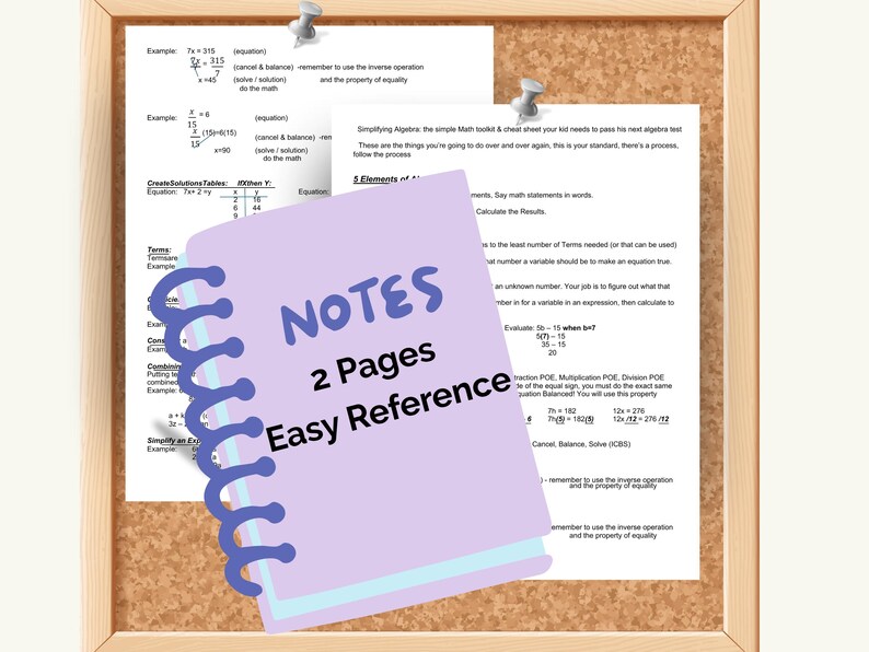 以下が含まれることがあります： 「NOTES 2 Pages Easy Reference」と書かれた薄紫色のスパイラルノートがコルクボードにピンで留められており、数学の数式やテキストが印刷されたページを部分的に覆っています。