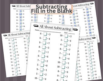 Printable Subtraction Fill in the Blanks Worksheets (Numbers 1-20) for Kindergarten-1st Grade-2nd Grade Math