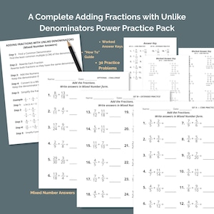Könnte beinhalten: Eine Sammlung von Arbeitsblättern zum Addieren von Brüchen mit ungleichen Nennern. Die Arbeitsblätter enthalten Übungsaufgaben, Lösungsschlüssel und eine Anleitung. Der Text auf den Arbeitsblättern enthält "Adding Fractions with Unlike Denominators".