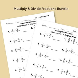 Paquete de práctica de multiplicación y división de fracciones / Guía paso a paso con soluciones resueltas / PDF imprimible