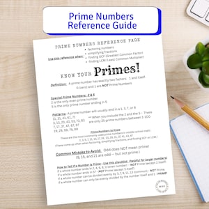 Prime Numbers Reference Page: Middle School Math Printable Study Guide, PDF
