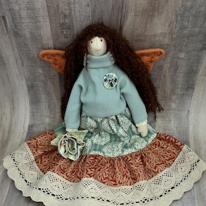 Handmade Tilda Angel Doll 18&quot; | Dusty Blue Cottage Core Decor | Shabby Chic Interior Angel | Vintage Floral Gift