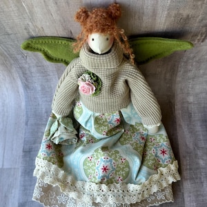 Handmade Tilda Angel Doll: Green Garden Cottage Decor, 18&quot;