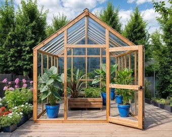 May include: A wooden greenhouse with a glass roof and walls, with one door open. Inside are various potted plants in blue pots and a wooden planter box. The structure sits on a wooden deck, surrounded by greenery and a blue sky.