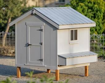 May include: A light gray and white wooden chicken coop featuring a gabled roof, a single door with black metal hinges and a latch, a small square window, and an attached nesting box, all elevated on four sturdy wooden support legs.
