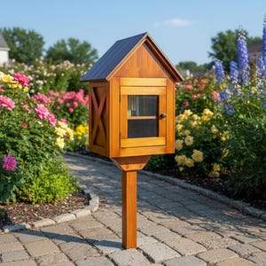Peut inclure: Une petite bibliothèque gratuite en bois avec un toit sombre et une petite fenêtre. La bibliothèque est montée sur un poteau en bois et est entourée d'un jardin avec des fleurs colorées. La bibliothèque a un design en forme de X sur le côté.