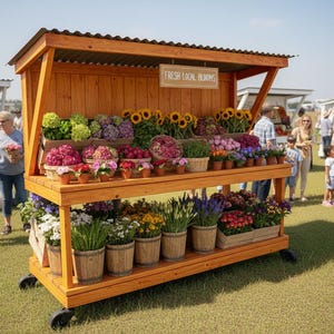 Könnte beinhalten: Ein mobiler Blumenstand aus Holz, der eine Vielzahl frischer Blüten präsentiert. Der Stand zeigt Sonnenblumen, Hortensien und andere bunte Blumen in Töpfen und Körben. Ein Schild zeigt "FRESH LOCAL BLOOMS".