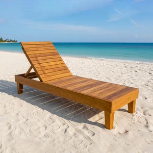 May include: A wooden chaise lounge with a slatted back and seat, set on a sandy beach with the ocean in the background. The lounge is made of light brown wood and has a simple, modern design. The beach is white, and the water is a clear turquoise.