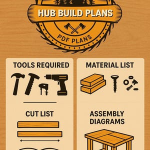May include: An orange and brown graphic with the text "HUB BUILD PLANS" and "PDF PLANS". The image includes illustrations of tools, materials, cut lists, and assembly diagrams for woodworking projects.
