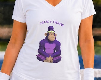 Women's Pickleball V-Neck Shirt, Calm Over Chaos Gorilla Graphic Tee, Relaxed Fit Pickleball Apparel