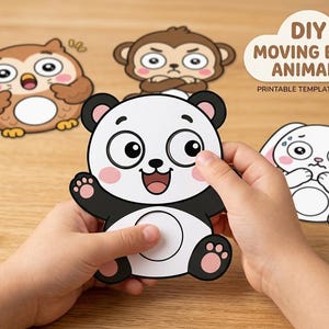 May include: A set of DIY printable paper animal templates featuring a panda, owl, monkey, and rabbit with moving eyes. The text on the image reads DIY MOVING EYES ANIMALS PRINTABLE TEMPLATES | PDF. Each animal has a distinct cartoon expression.