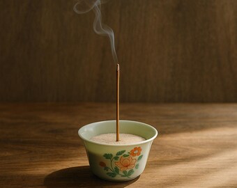 May include: A lit incense stick with wisps of smoke rising from a small, light green bowl filled with sand. The bowl has a floral design in orange and green. The background is a wooden surface.