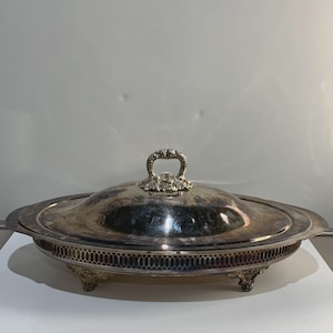 Puede incluir: Fuente ovalada plateada con tapa y asa ornamentada. El plato tiene un borde decorativo y se apoya sobre cuatro patas pequeñas. La base presenta un diseño calado detallado. Una pieza clásica para servir alimentos.