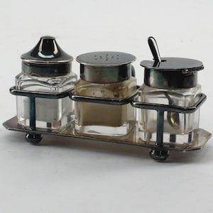 Vintage Birks Silver Plated Tray Set: Salt & Pepper, Sugar Bottle, Spoon