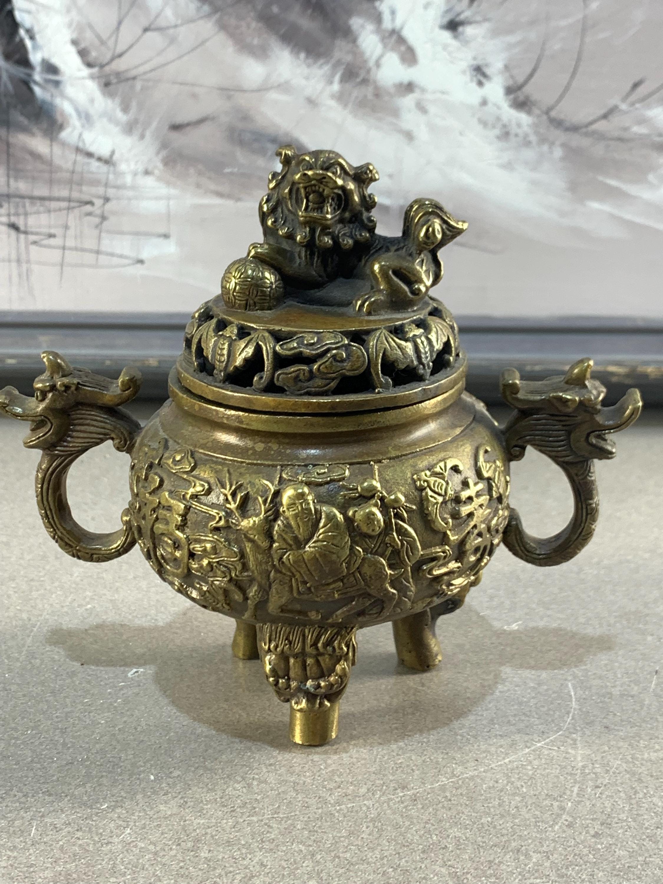 Antique Copper Dragon & Lion Incense Burner - Hand Carved Censer