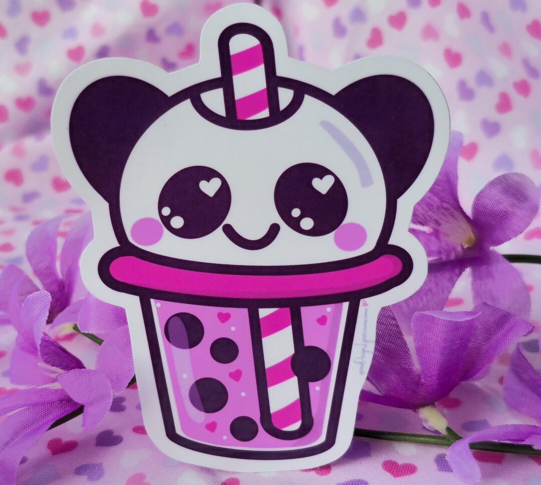 Kawaii Panda Boba Sticker | Cute Pink Bubble Tea Vinyl Decal | Water ...