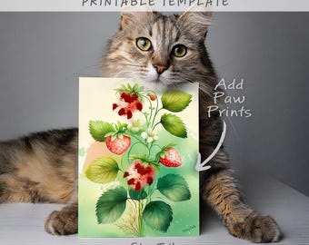 Plantilla de tarjeta con huella de pata de fresa / Saludo floral de primavera y verano / Actividad de arte imprimible / Recuerdo de huella de pata de perro y gato