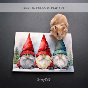 May include: A watercolor print featuring three gnomes with red and teal hats and long white beards, set in a snowy scene. A small hamster is perched above the print. The text "PRINT PRESS PAW ART!" is at the top.