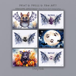 Puede incluir: Seis impresiones artísticas en acuarela con diseños de murciélagos y huellas de patas, perfectas para Halloween. Las impresiones incluyen un murciélago con alas de huellas de patas, un perro-murciélago, una luna llena con huellas de patas y un gato-murciélago.