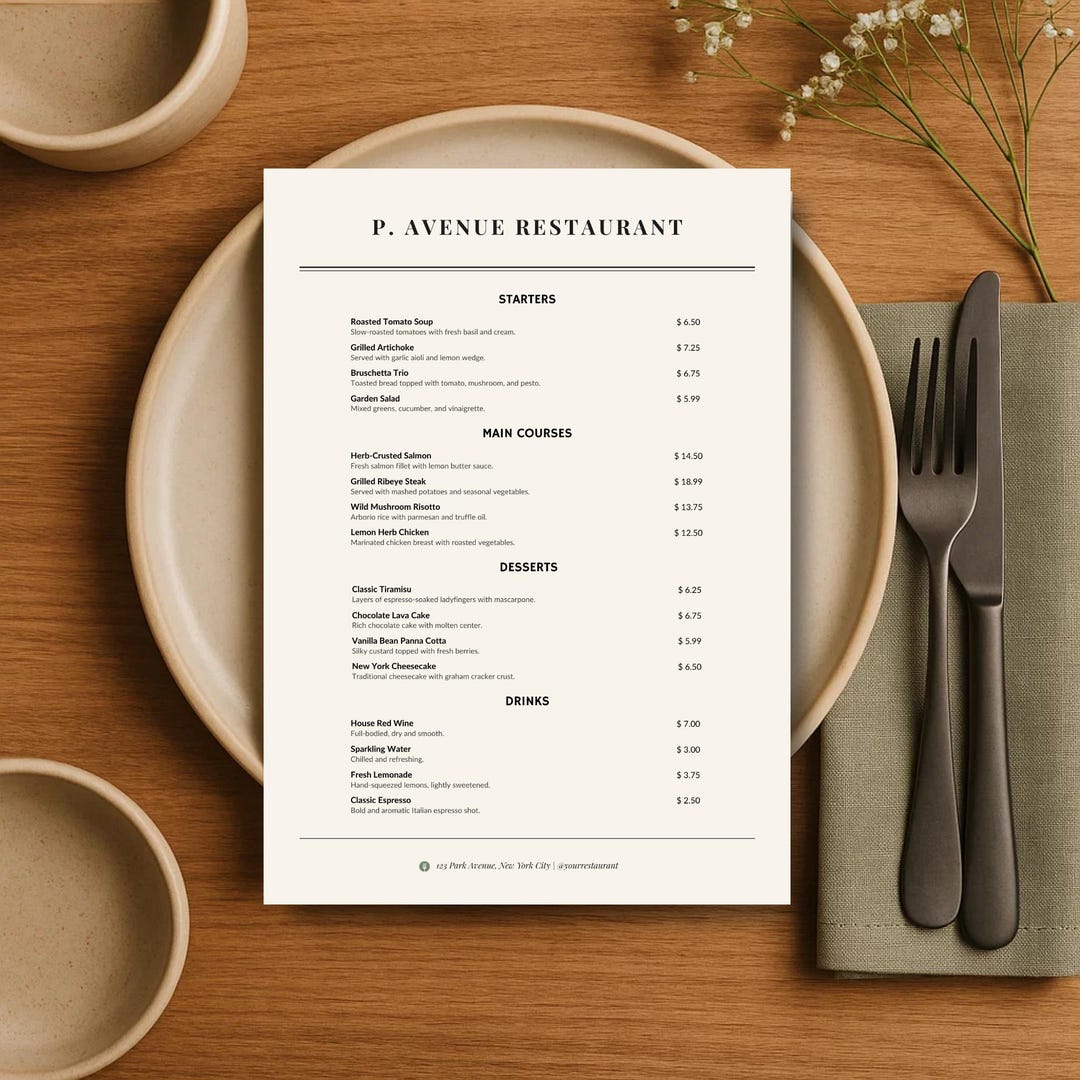 Menu Column Minimalist Restaurant Menu Template: One Column Layout, Editable in ...