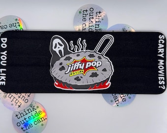 Ghost Face Jiffy Pop Can Cooler | 90s Slasher Inspired Drink Sleeve | Halloween Slap Wrap Can Cooler