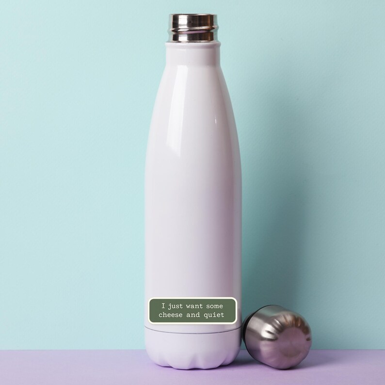 Peut inclure: Bouteille d'eau isotherme blanche avec un bouchon argent&eacute; et un couvercle argent&eacute; s&eacute;par&eacute;. La bouteille porte une &eacute;tiquette rectangulaire verte avec le texte "I just want some cheese and quiet."
