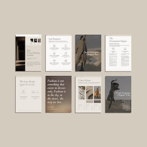 Könnte beinhalten: Eine Sammlung von acht Designkonzeptseiten mit Text und Bildern. Die Seiten sind in einer neutralen Farbpalette gehalten und tragen Titel wie "The Visual Identity System" und "Color Palettes". Der Text "Fashion is not something that exists in dresses only" ist sichtbar.