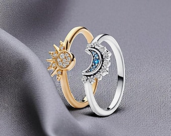 Mond und Sonne Ring Set, himmlischen Minimalistischen Schmuck, Stilvolles Alltags Accessoires, Geschenk für Frauen