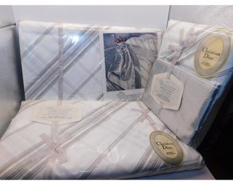 VTG Christian Dior Wamsutta Supercale Plus Sterling Stripe King Sheet Set