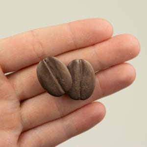 May include: Two brown coffee bean-shaped objects with detailed surface textures. The objects are positioned side-by-side, suggesting a pair. The color is a rich, dark brown, reminiscent of roasted coffee beans. The objects are small and appear to be decorative.