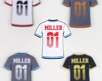 May include: Five t-shirts with the name "MILLER" and the number "01" printed on them. The shirts are white, gray, and black, with contrasting colored sleeves and trim. The design features a retro sports jersey style.