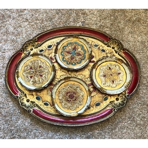 Vintage FLORENTINE Hand Painted Wood MCM Gilt Tray & Coasters - Made in Italy