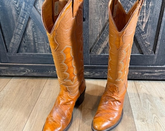 Stivali da cowboy western Nocona Vintage in pelle marrone chiaro, modello L909, da donna, taglia 6.5 C, prodotti negli Stati Uniti.