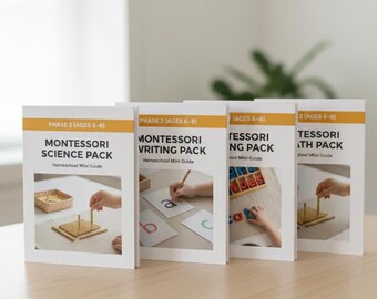May include: Four Montessori homeschool mini guides are displayed on a light wooden table. The guides are labeled "Science Pack", "Writing Pack", "Reading Pack", and "Math Pack". Each guide features a photo of a child using Montessori materials.
