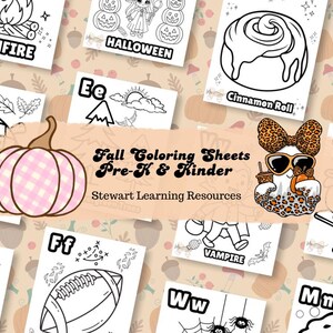 May include: A collection of fall-themed coloring sheets for Pre-K and Kinder. The sheets feature various illustrations, including a pumpkin, bonfire, cinnamon roll, and Halloween-themed images. The text "Fall Coloring Sheets Pre-K & Kinder" is displayed.