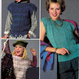 May include: A vintage fashion magazine page showing three women in knitwear. The outfits include a blue sleeveless sweater, a teal knit top, and a patterned vest. The months "October", "November", and "December" are printed below the images.