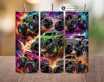 Monster Truck Tumbler Wrap PNG | Big Wheels 20oz Skinny Sublimation Design | Off Road Truck Cup Wrap | Kids Truck Digital Download