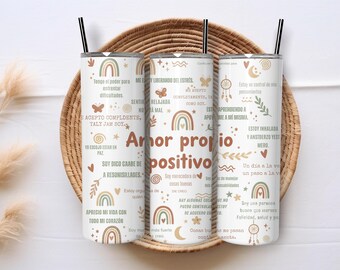 Amor Propio Spanish Positive Affirmations 20oz Skinny Tumbler Wrap PNG, Boho Sublimation Design, Motivational Quotes, Instant Download