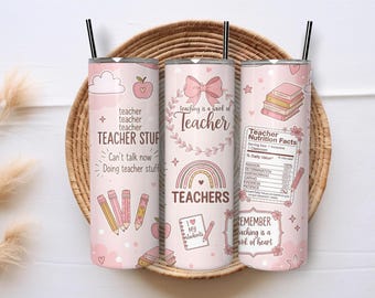 Teacher Tumbler Wrap PNG, 20oz Skinny Tumbler Sublimation Design, Teacher Gift, Digital Download Printable Cute Pink