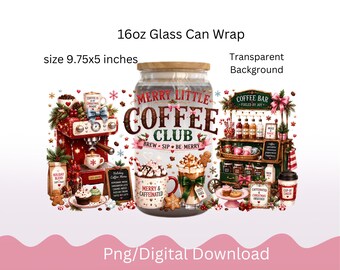 Christmas Coffee Glass Can Wrap PNG, 16oz Libbey Coffee Lover Wrap, Merry Caffeinated Coquette Holiday Sublimation Digital Download