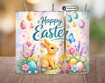 Happy Easter Bunny Tumbler Wrap PNG | 20oz Skinny Sublimation Design | Pastel Eggs Floral Spring Bunny Wrap | Seamless Digital Download