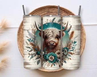 Rustic Floral Highland Cow 20 oz Skinny Tumbler Western Country Sublimation Design Digital Download PNG Instant DIGITAL ONLY