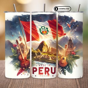 May include: A white tumbler featuring a vibrant design with the Peruvian flag, Machu Picchu, and musical instruments. The words "MADE IN PERU" are prominently displayed. The design includes a download icon.
