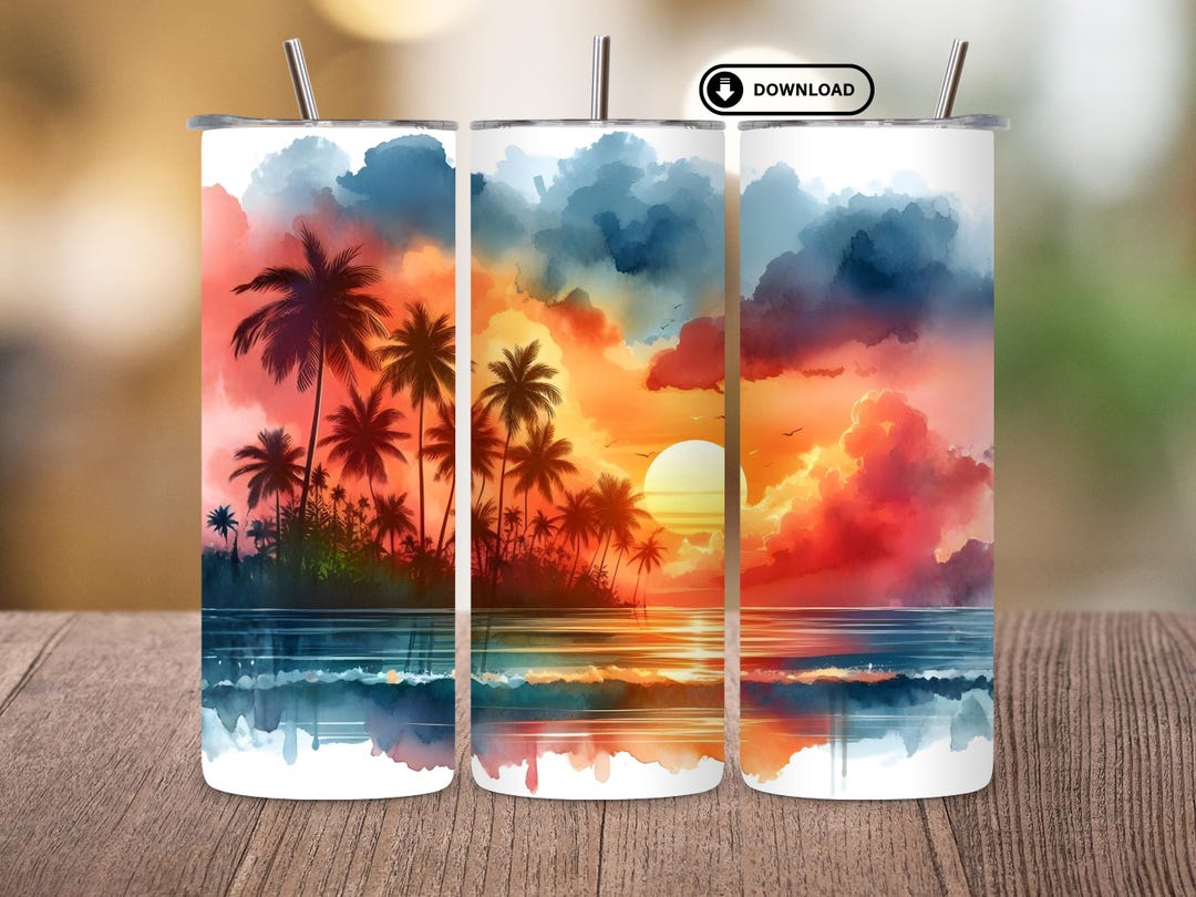Tropical Sunset Tumbler Design, Watercolor Palm Trees 20oz Skinny ...