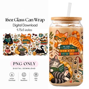 Puede incluir: Una descarga digital para envoltorio de vaso de 16oz que mide 9,75x5 pulgadas, con un patrón de gatos leyendo libros, usando gafas, rodeados de elementos florales, tazas de café y marcapáginas, mostrado en un vaso con tapa de bambú.